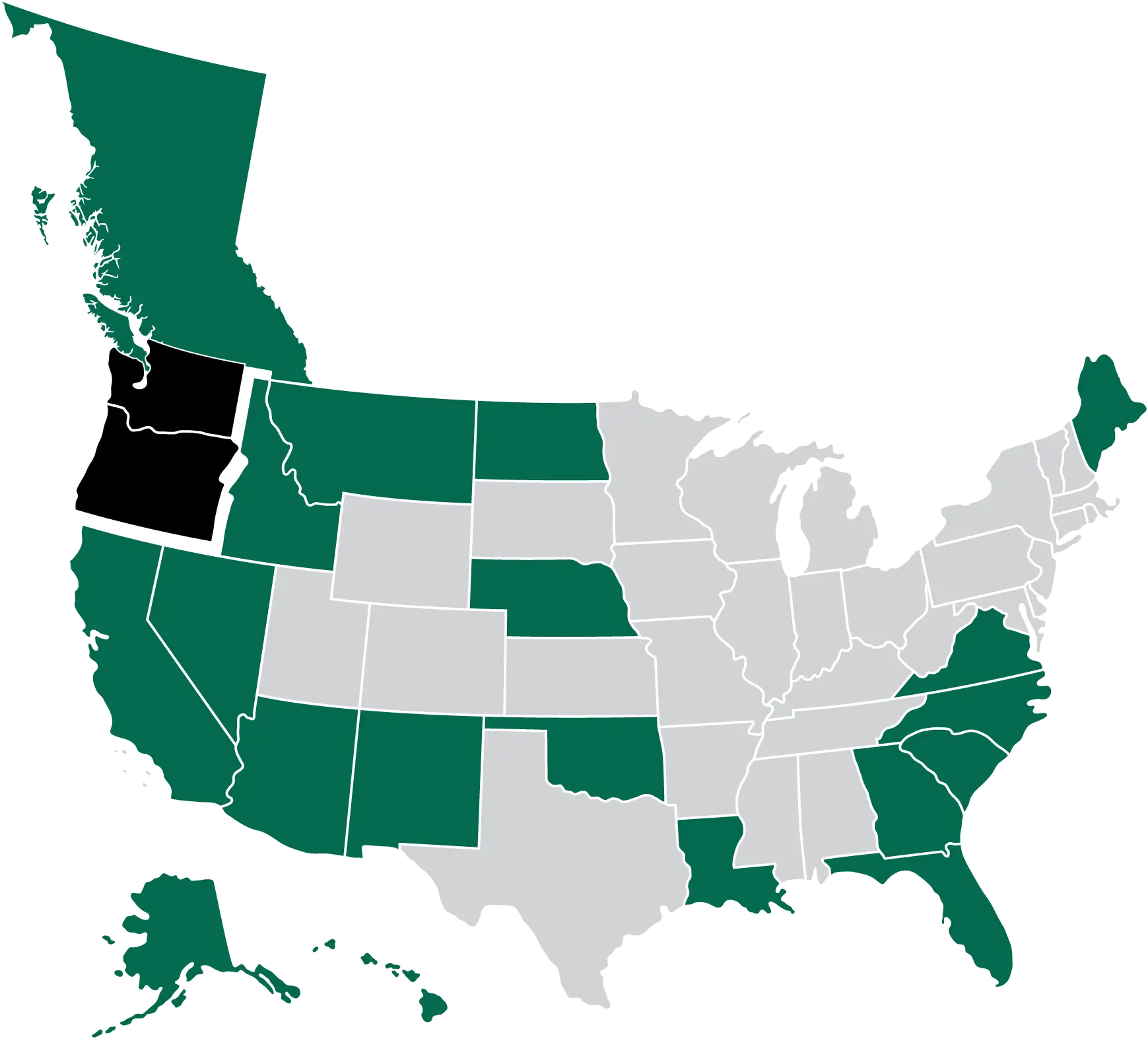 Map of the United States highlighting Olsson Electric service states, with location pins on Springfield, Oregon and Olympia and Richland, Washington